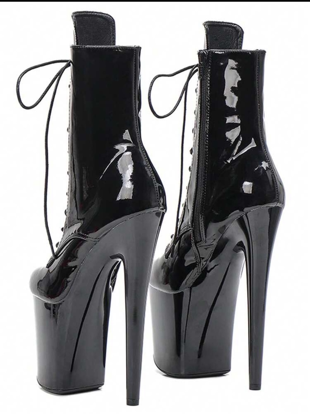 High-Gloss Black Lace-Up Platform Ankle Boots - Picture 3 of 3